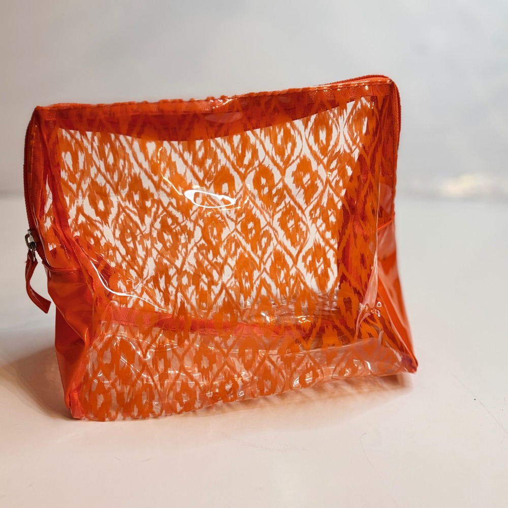Merle Norman Orange Transparent Ikat Pattern‎ Cosmetic Bag Makeup Pouch Zipper